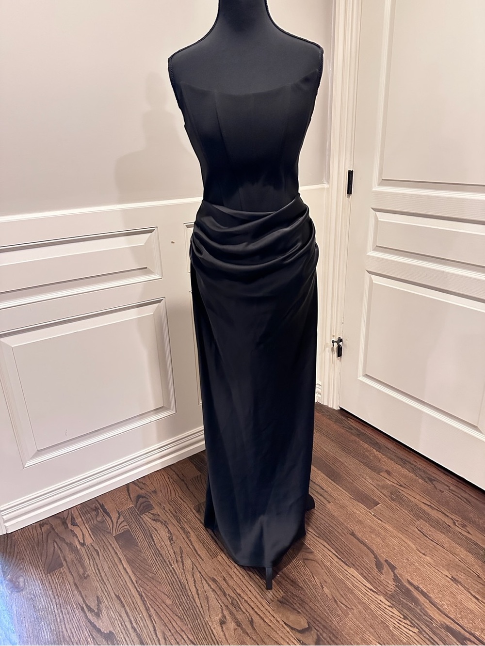 Betsy & Adam Black Draped Satin Maxi Evening Gown